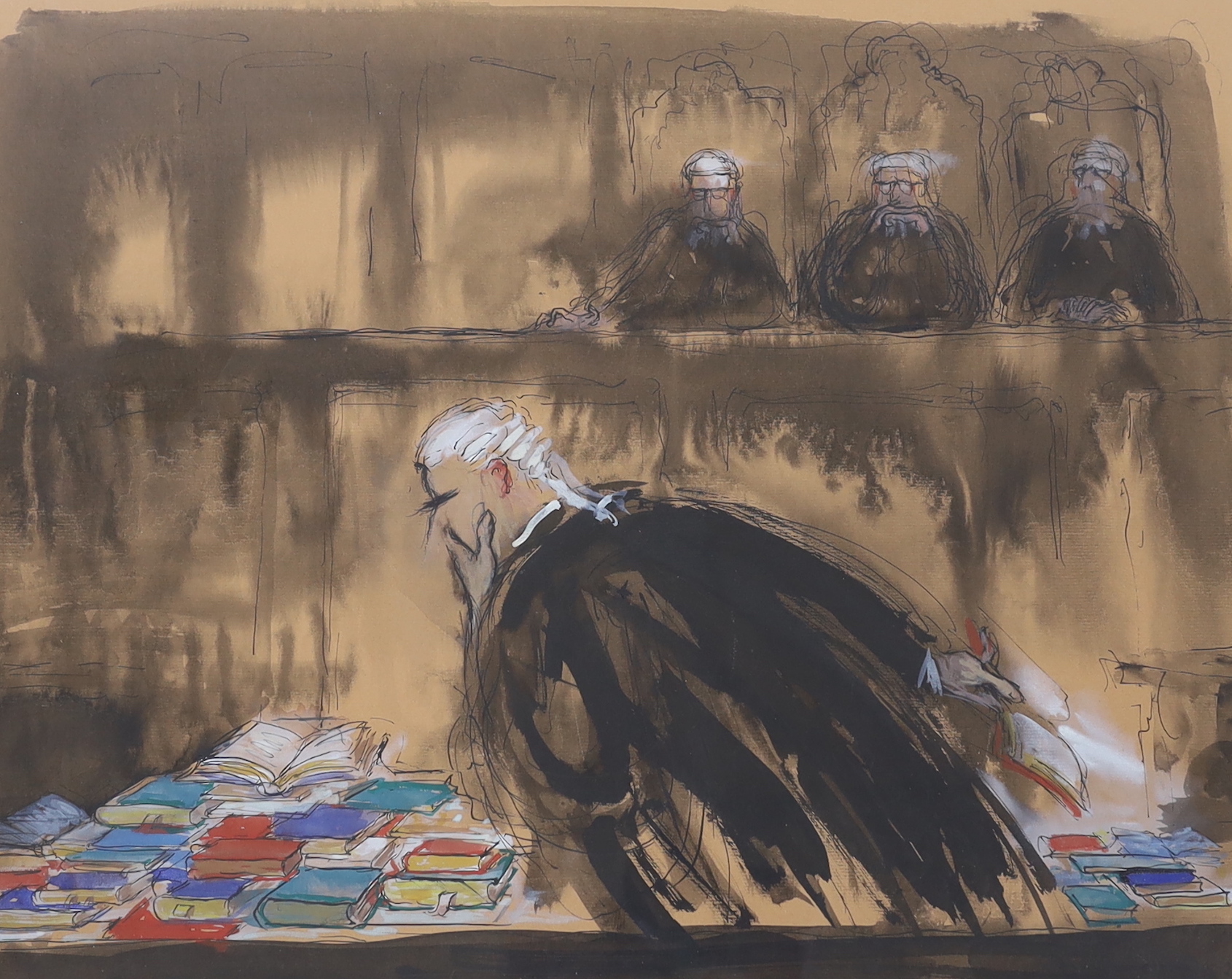 Phyllis Mackenzie (1911-1998), pen, wash and watercolour, ‘Late Instruction’ and ‘Court of Appeal’, labels verso with Marjorie Parr, 285 Kings Road, Chelsea, London label, each 46 x 59cm (2)
